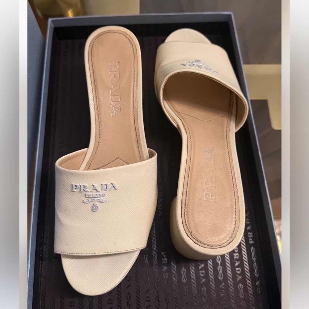 Prada Cream Leather Slide Mules with Logo